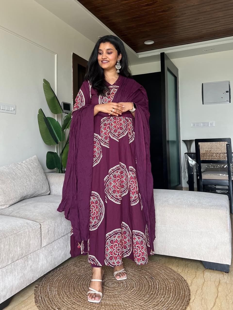 Raga Crushed Dupatta Anarkali Set- Wine