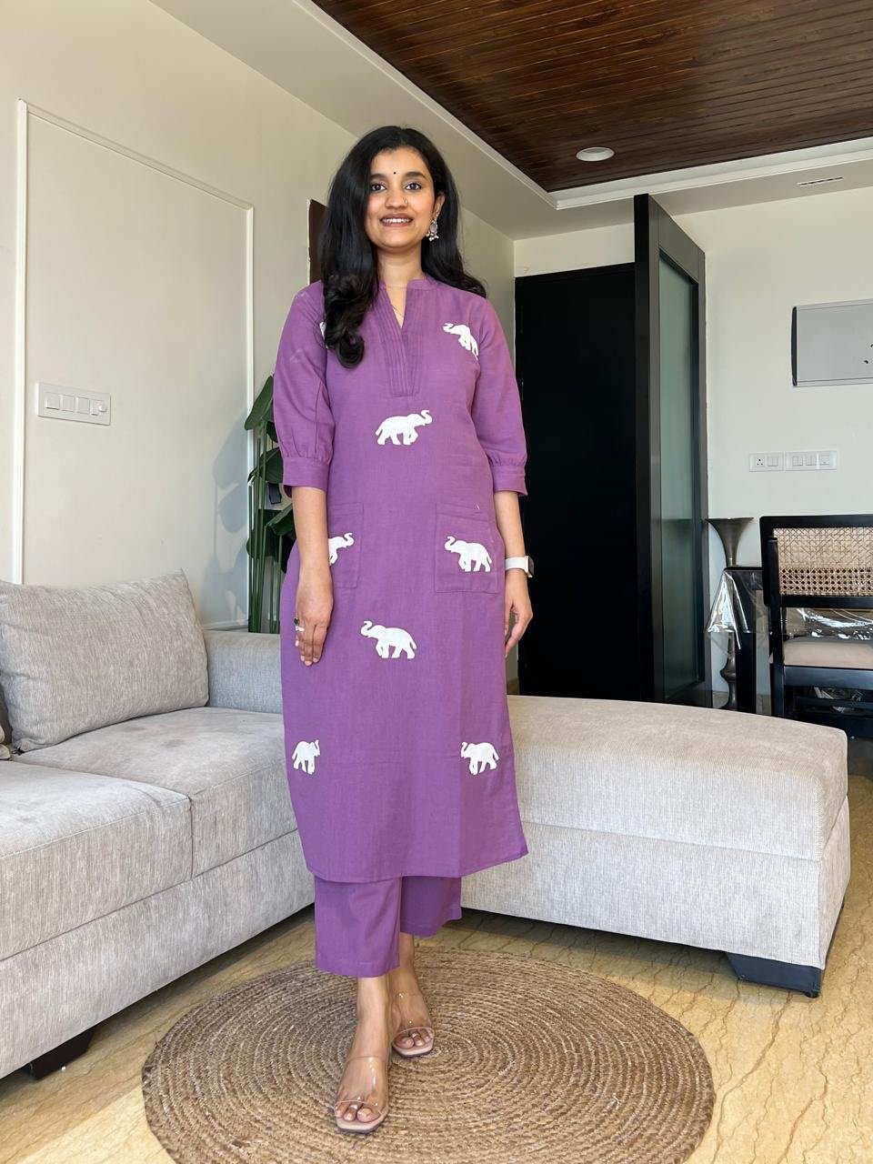 Tia Embroidered Cotton Pant Set- Purple