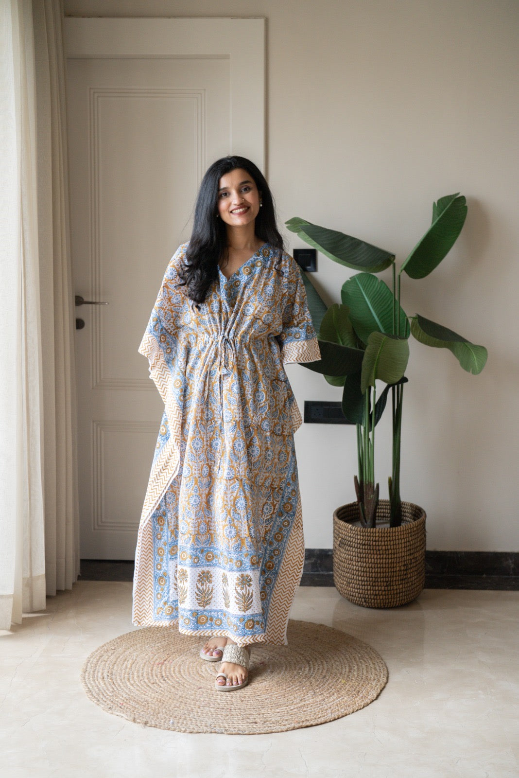 Kashi Block Print Kaftan- Brown Blue Booti
