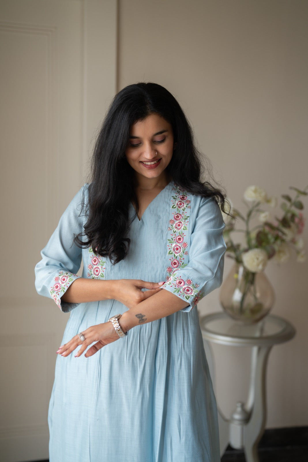 Amber Muslin Embroidered Pant Set- Pastel Blue