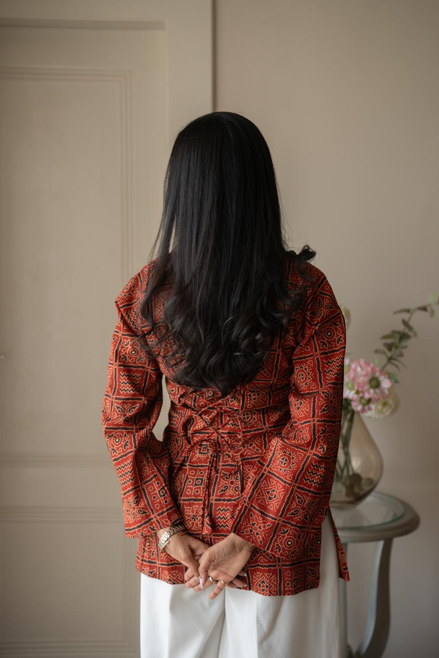 Zia Cotton Short Kurti- Red Bandhej