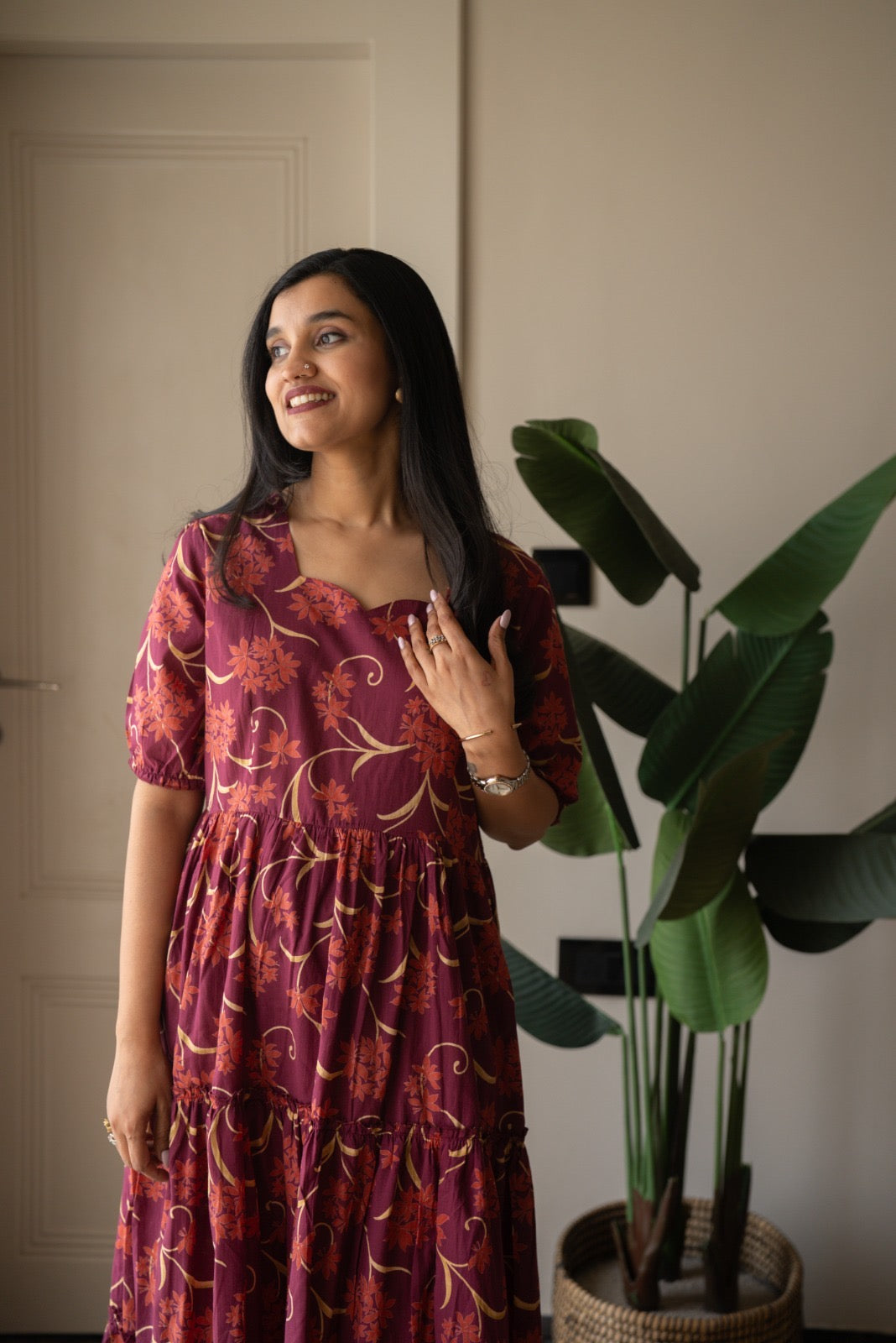 Prisha Tiered Maxi Dress- Dark Pink Florals