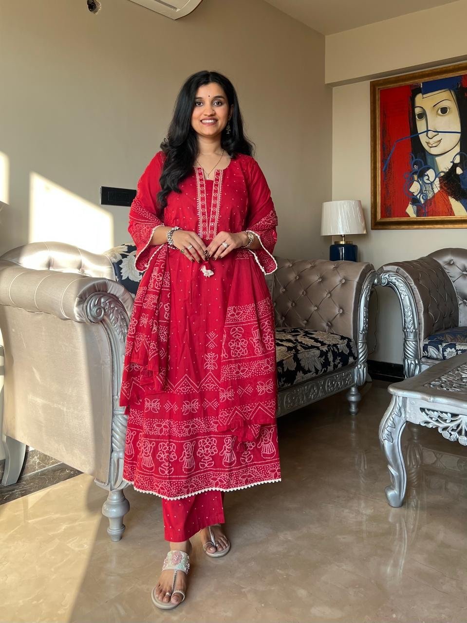 Ramaya Bandhej Flared Set- Red