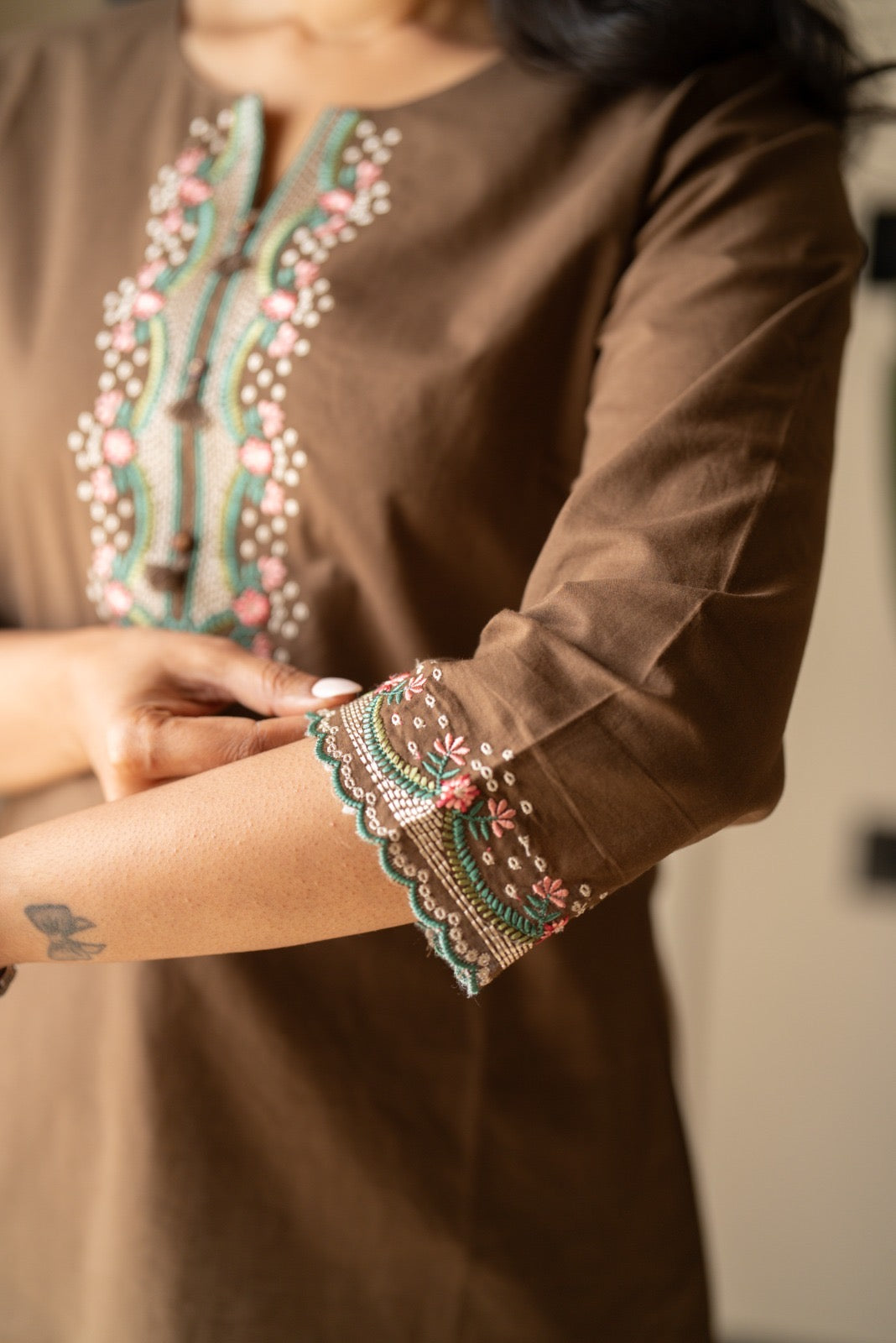 Roma Embroidered Cotton Top- Brown