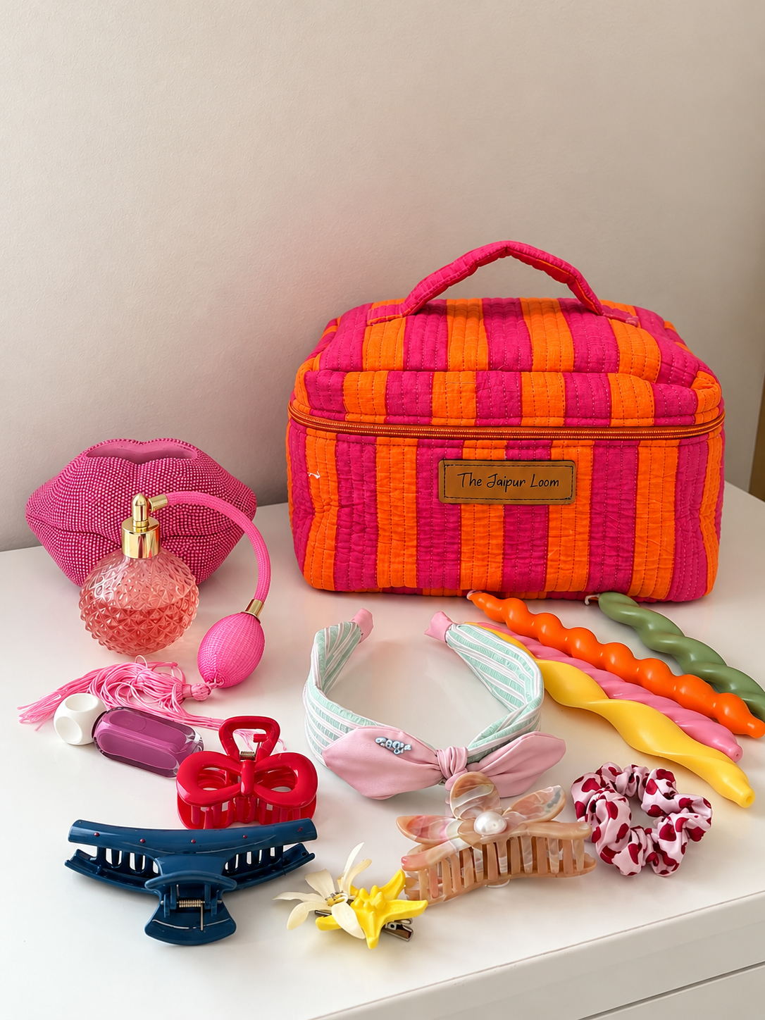Quilted Vanity Bag- Pink Orange Stripes