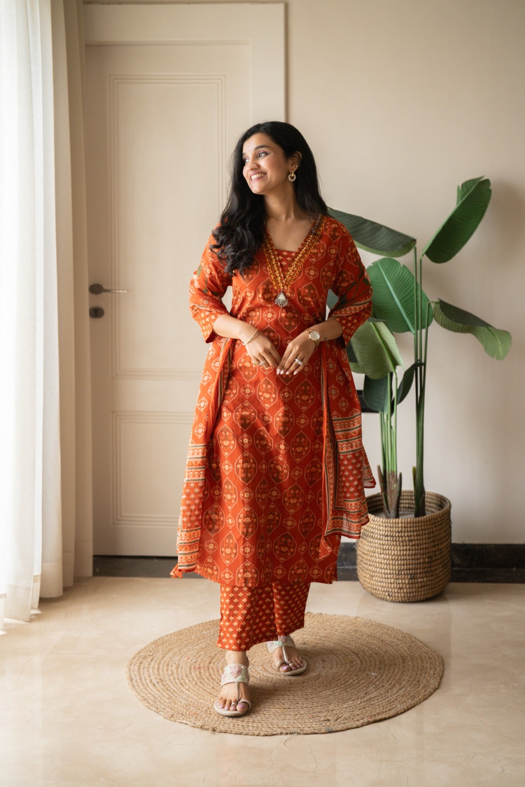 Suryana Cotton Suit- Orange Mehrab