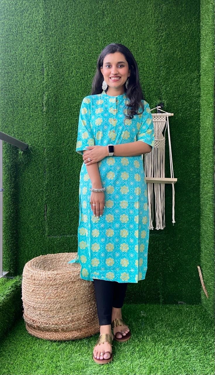 Weekend Cotton Kurta- Bluish Green Florals