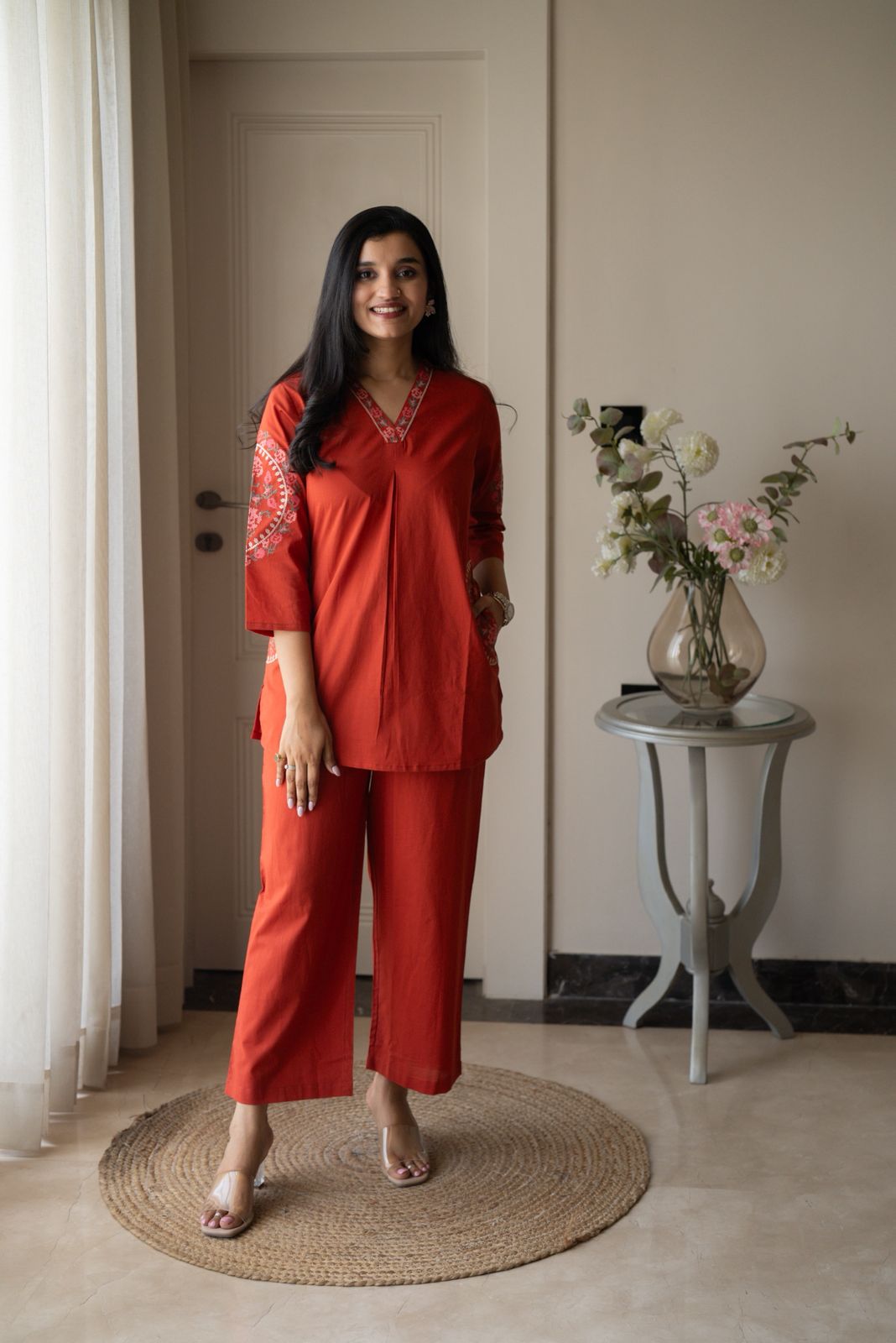 Risha Embroidered Coord Set- Orange