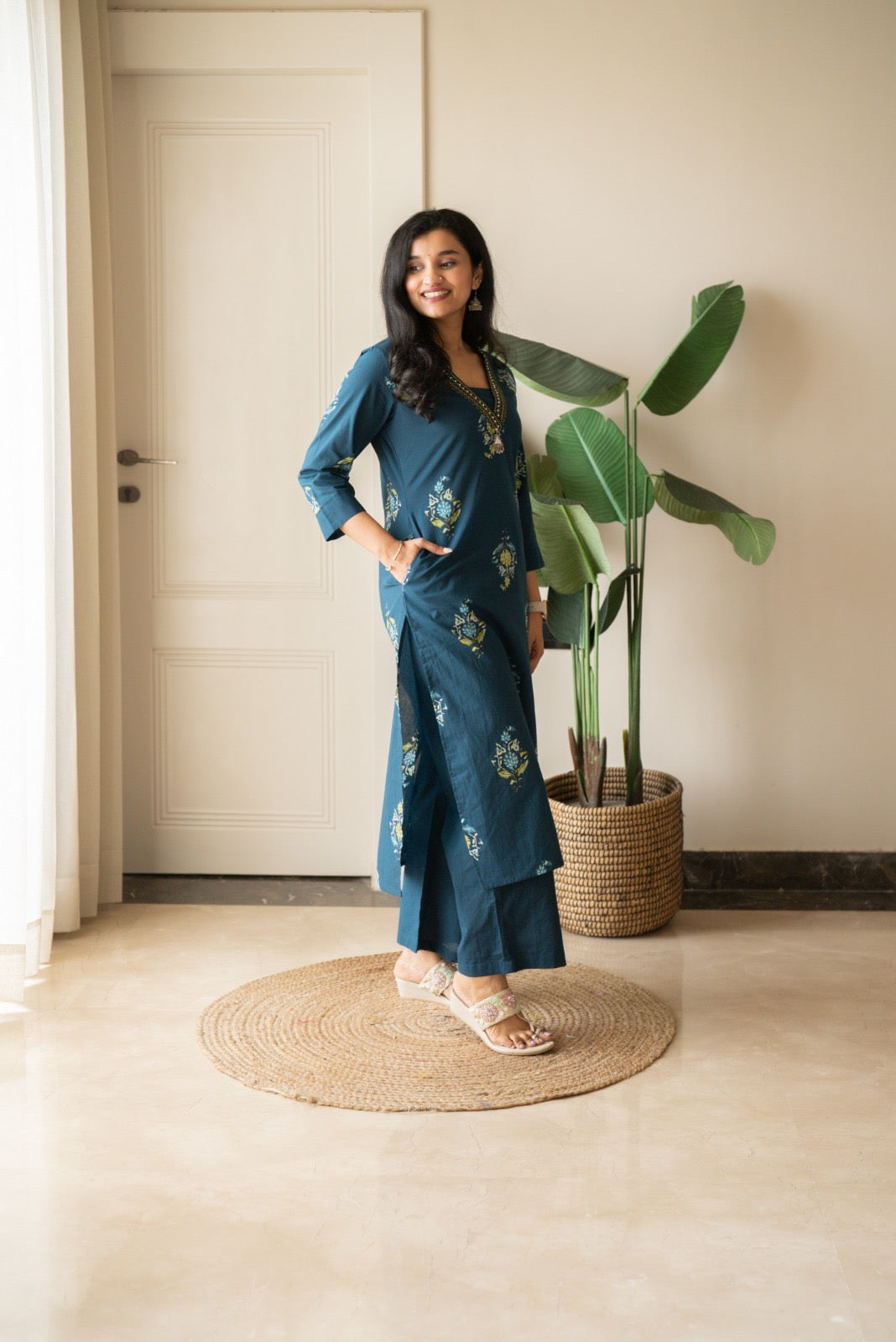 Zasha Cotton Suit- Teal Boota