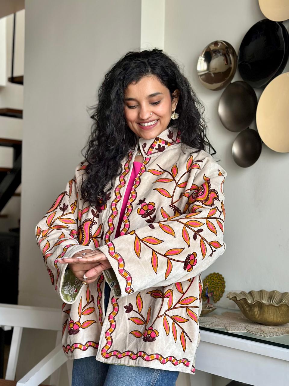 Suzani Velvet Jacket- White Pink Florals