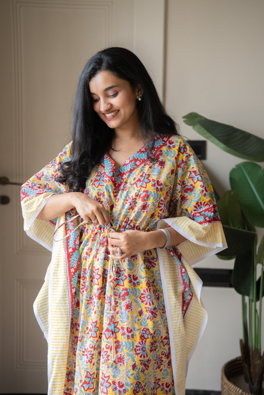 Kashi Block Print Kaftan- Bright Yellow Florals