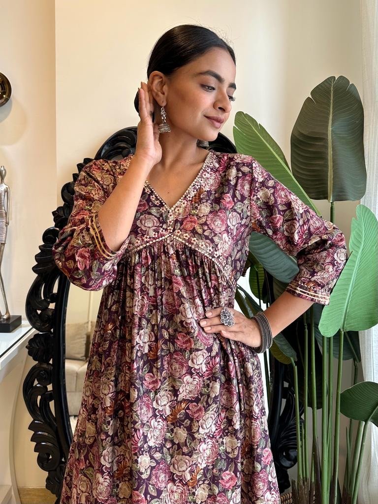 Wine Muslin Floral Alia Set
