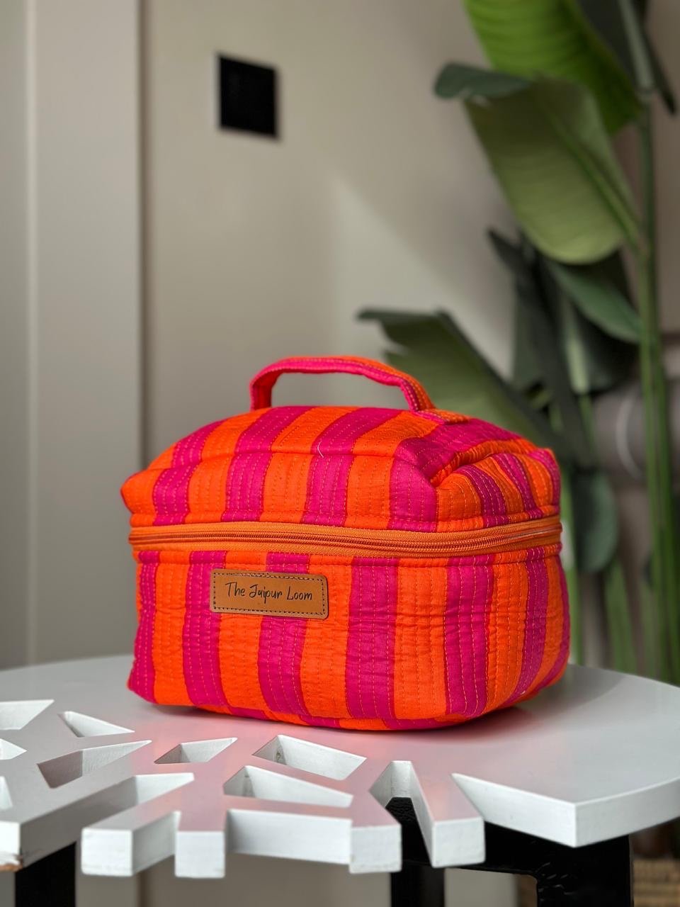 Quilted Vanity Bag- Pink Orange Stripes