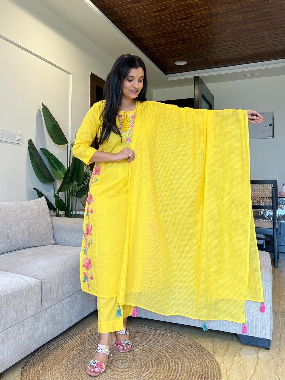 Sosha Embroidered Cotton Suit- Yellow