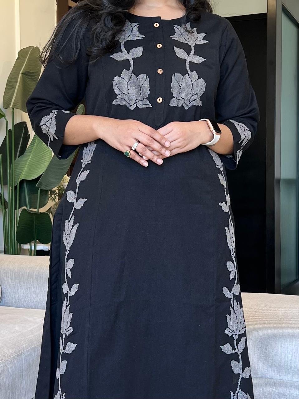 Gul Embroidered Cotton Pant Set- Black