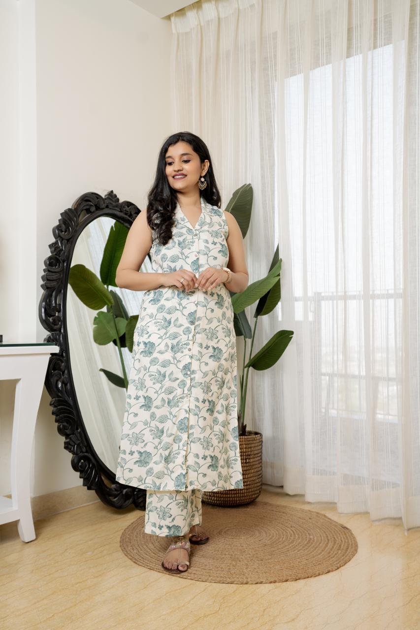 Sleeveless Coord Set- Off White Floral