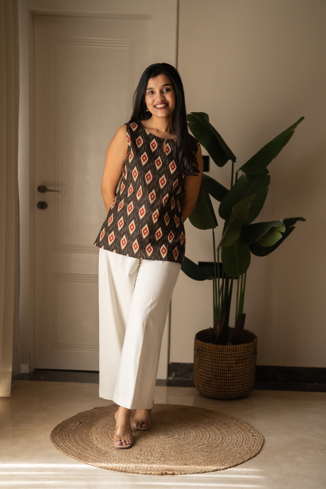 Lily 2.0 Sleeveless Cotton Top- Black Ikkat