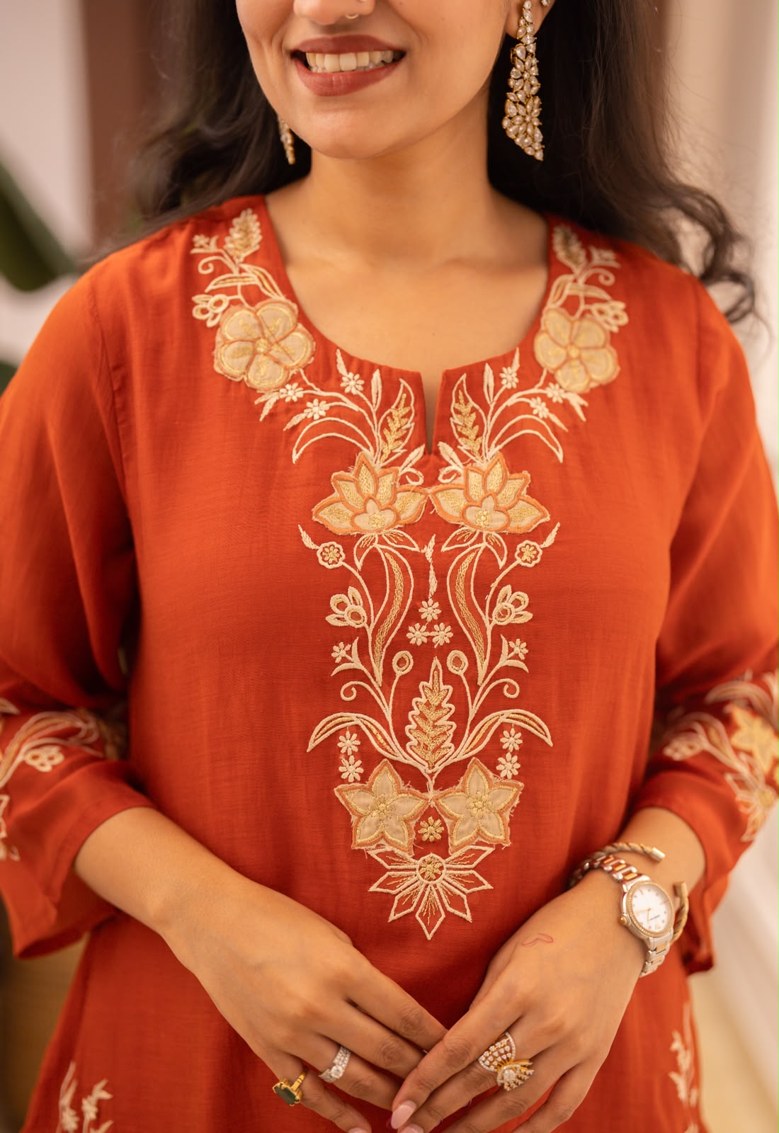Varaha Mul Chanderi Luxe Suit- Rust