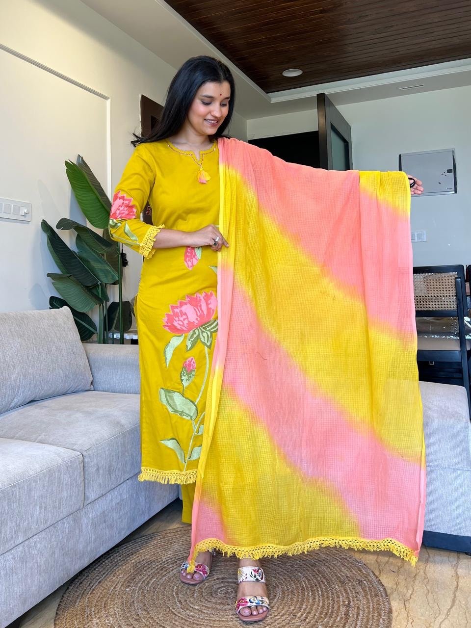 Kiro Floral Embroidered Cotton Set- Yellow