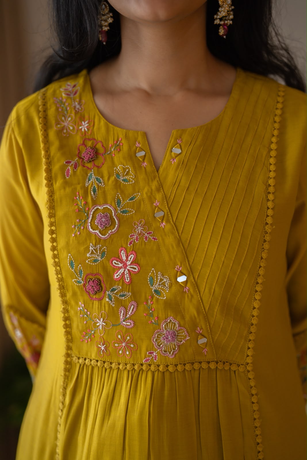 Aaina Embroidered Mul Chanderi Suit- Mustard