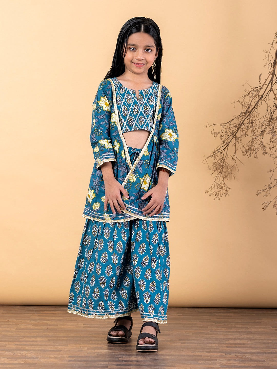 Ruhaani Girls’ Gharara Set- Light Blue boota