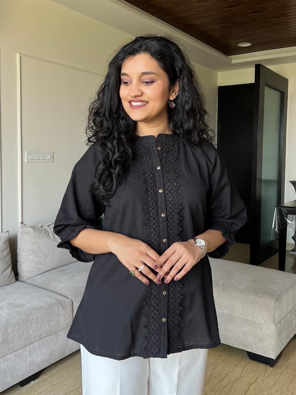 Tisha Cotton Embroidered Top- Black