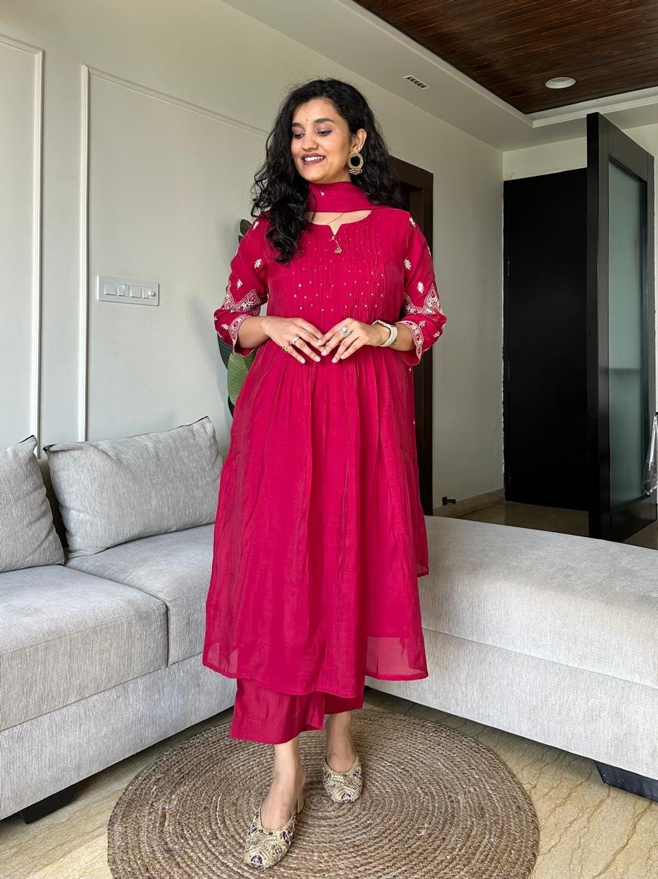 Sajda Mul Chanderi Luxe Set- Pinkish Red