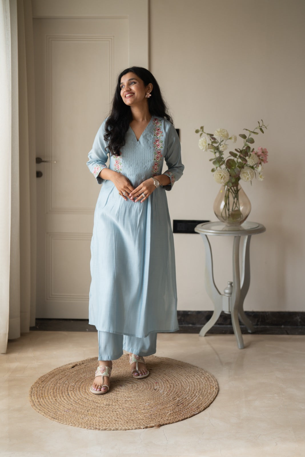 Amber Muslin Embroidered Pant Set- Pastel Blue