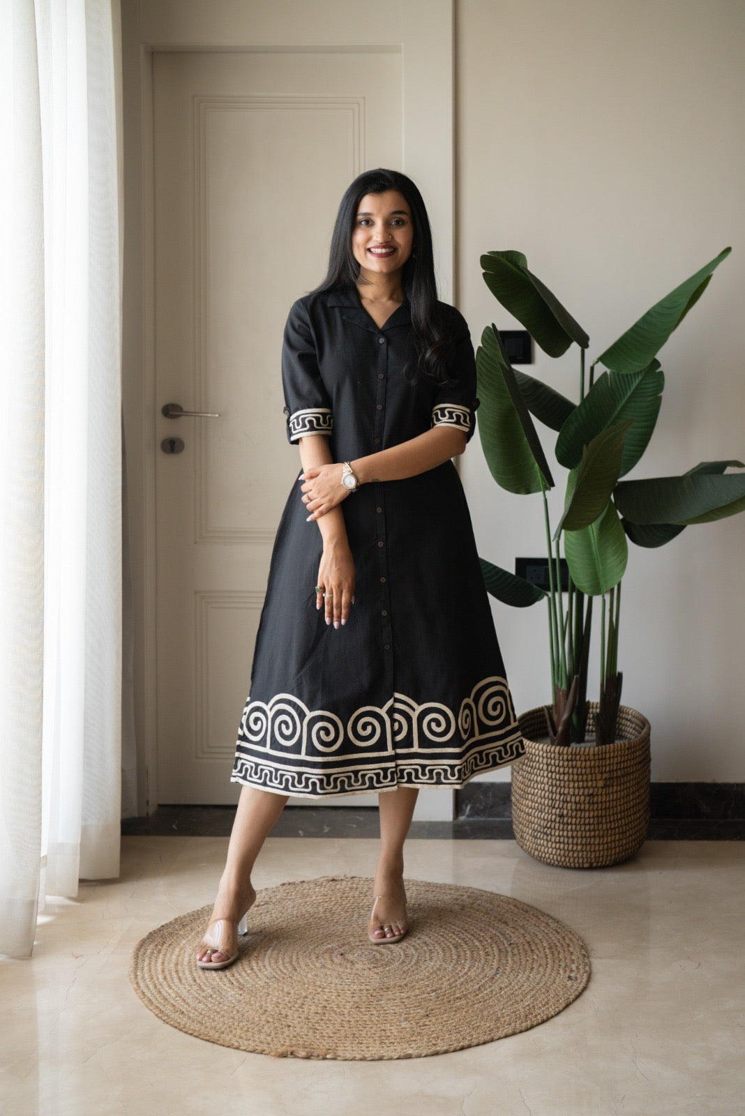 Zavya A-line Embroidered Dress- Black
