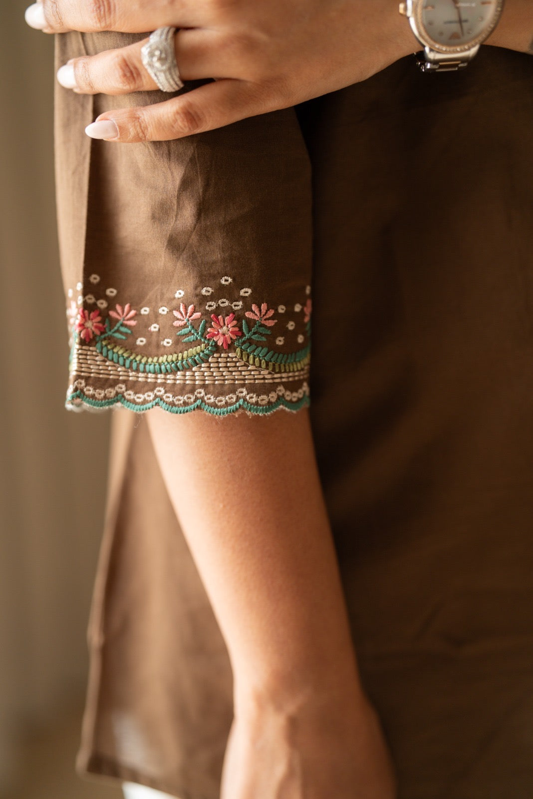 Roma Embroidered Cotton Top- Brown