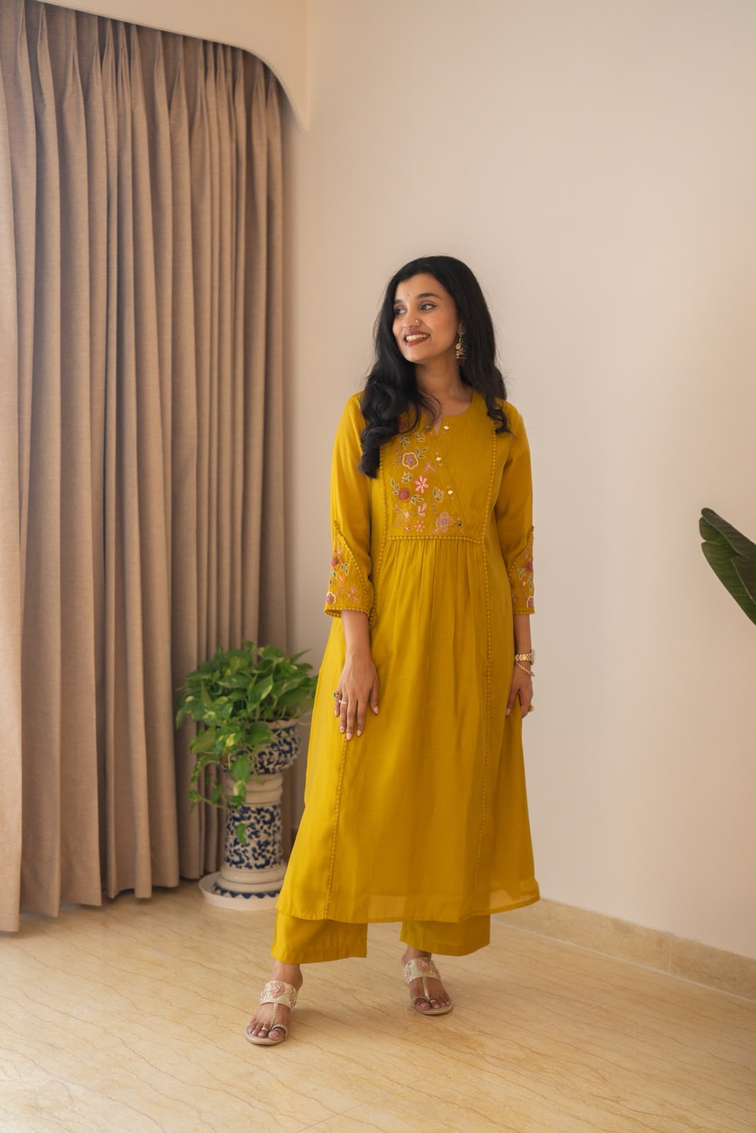 Aaina Embroidered Mul Chanderi Suit- Mustard