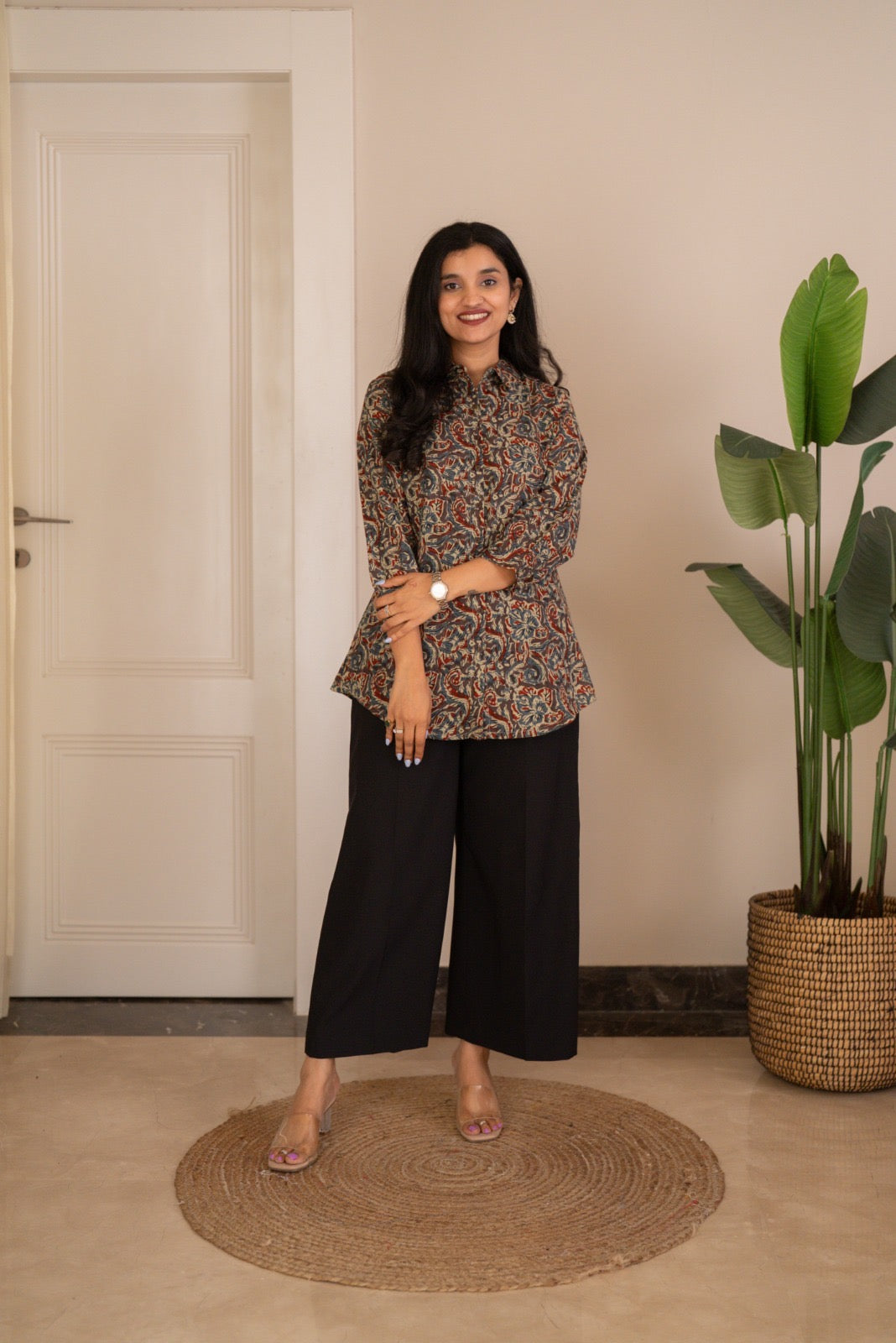Zora Slub Cotton Shirt- Grey Ajrakh