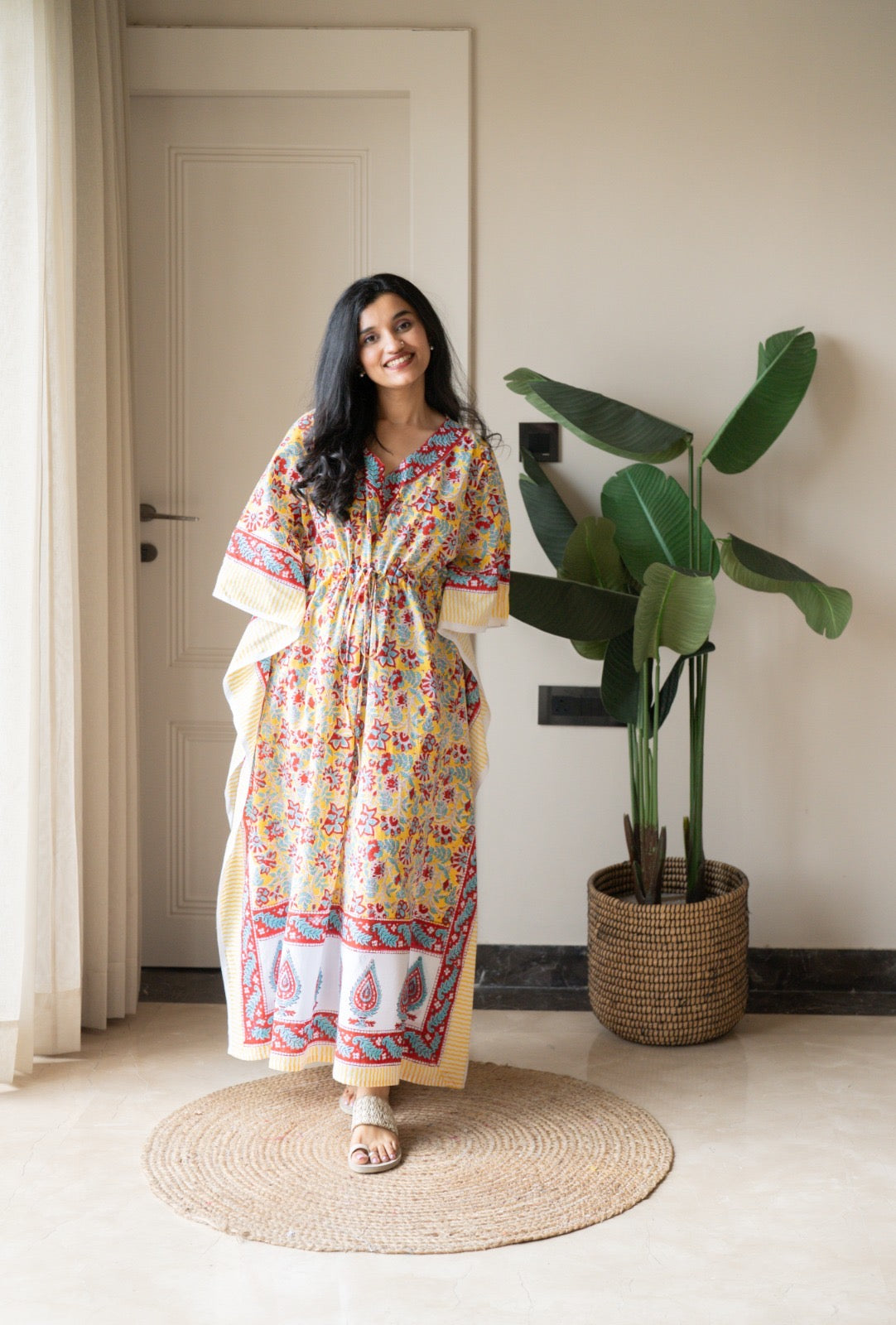 Kashi Block Print Kaftan- Bright Yellow Florals