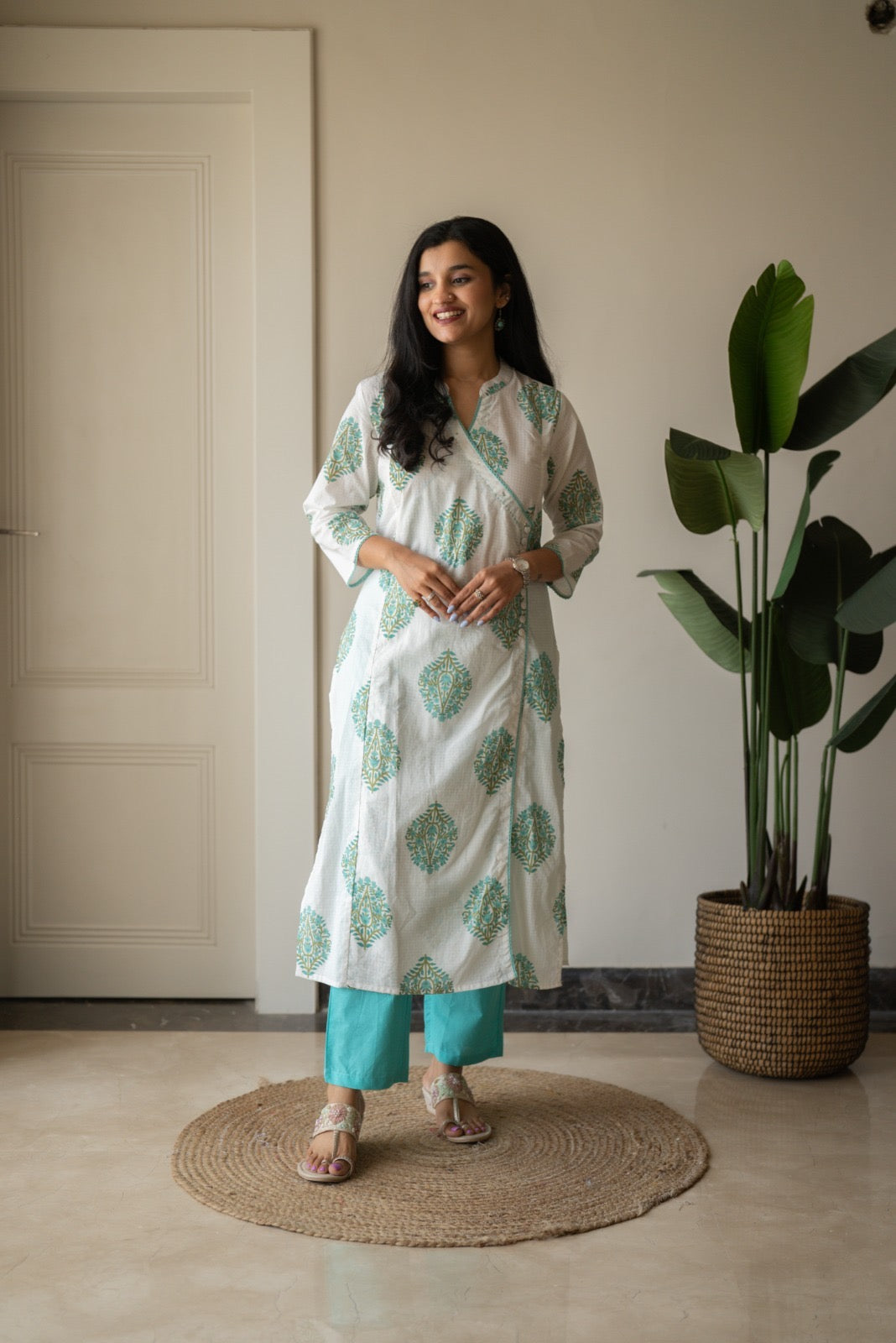 Ruh Angrakha White Boota Set- Green