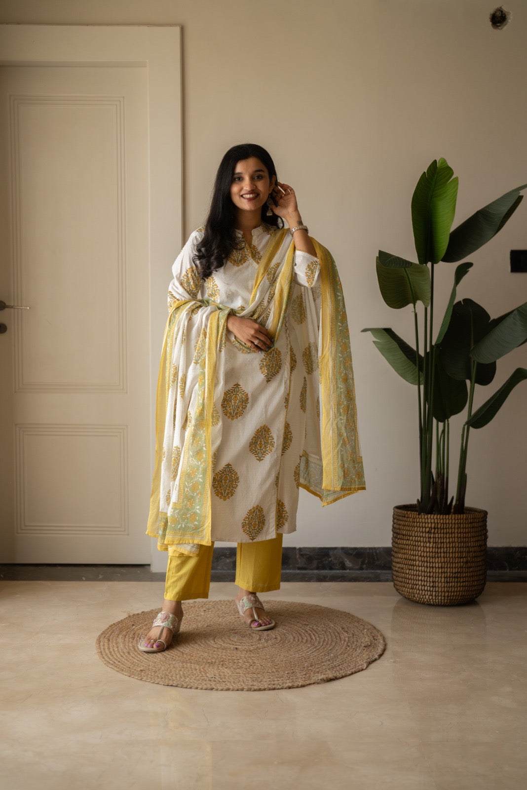 Ruh Angrakha White Boota Set- Yellow