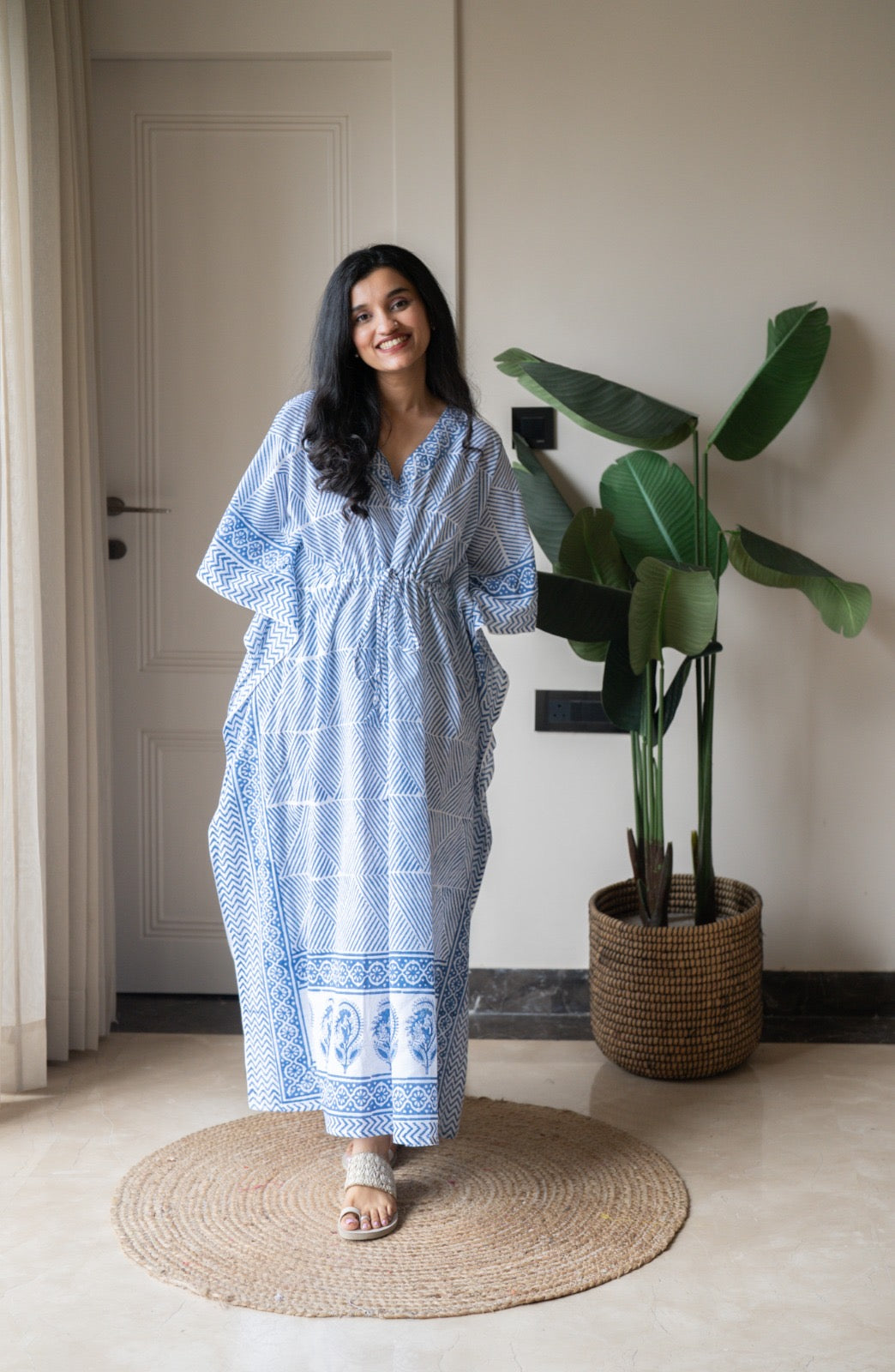 Kashi Block Print Kaftan- Indigo Stripes