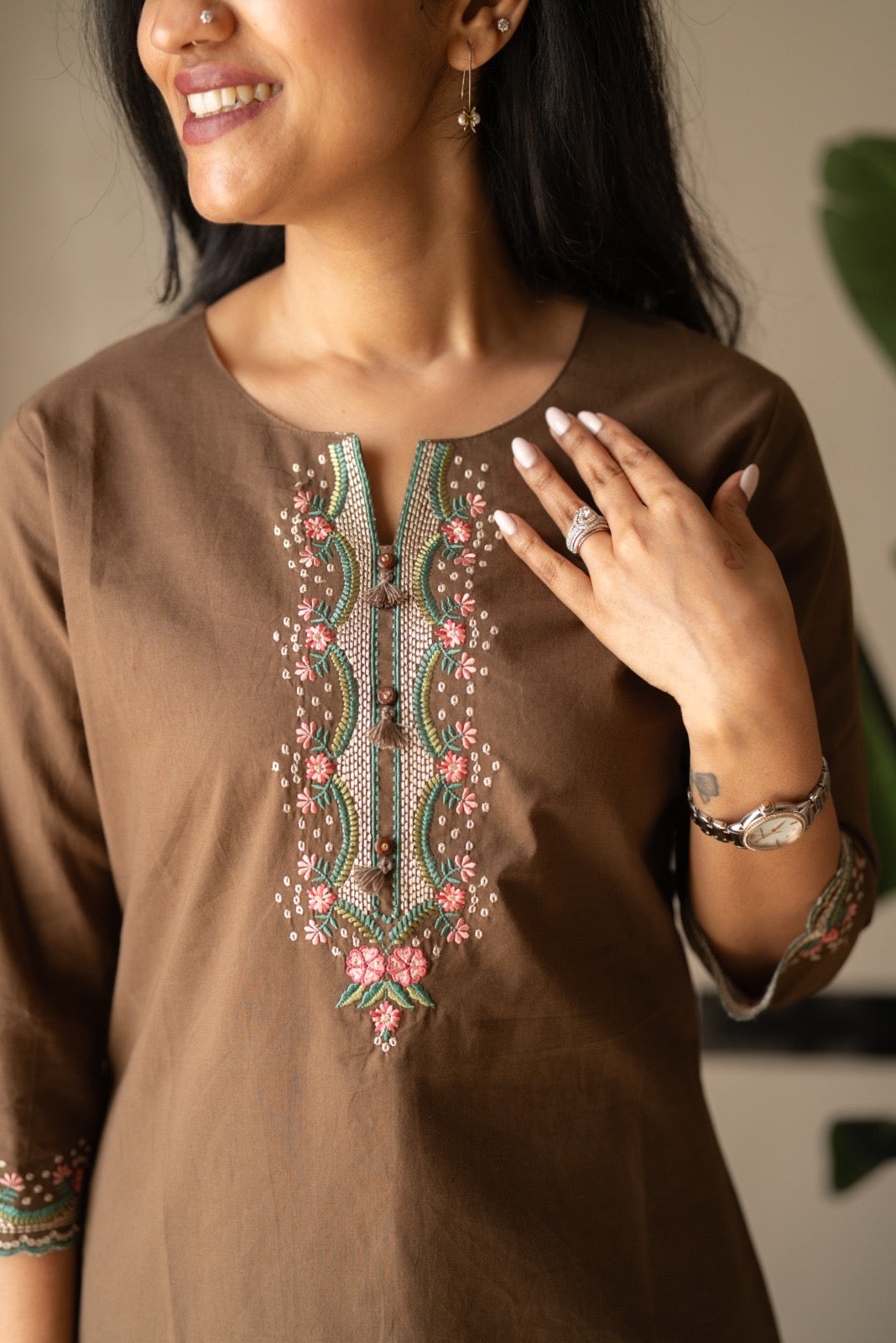 Roma Embroidered Cotton Top- Brown