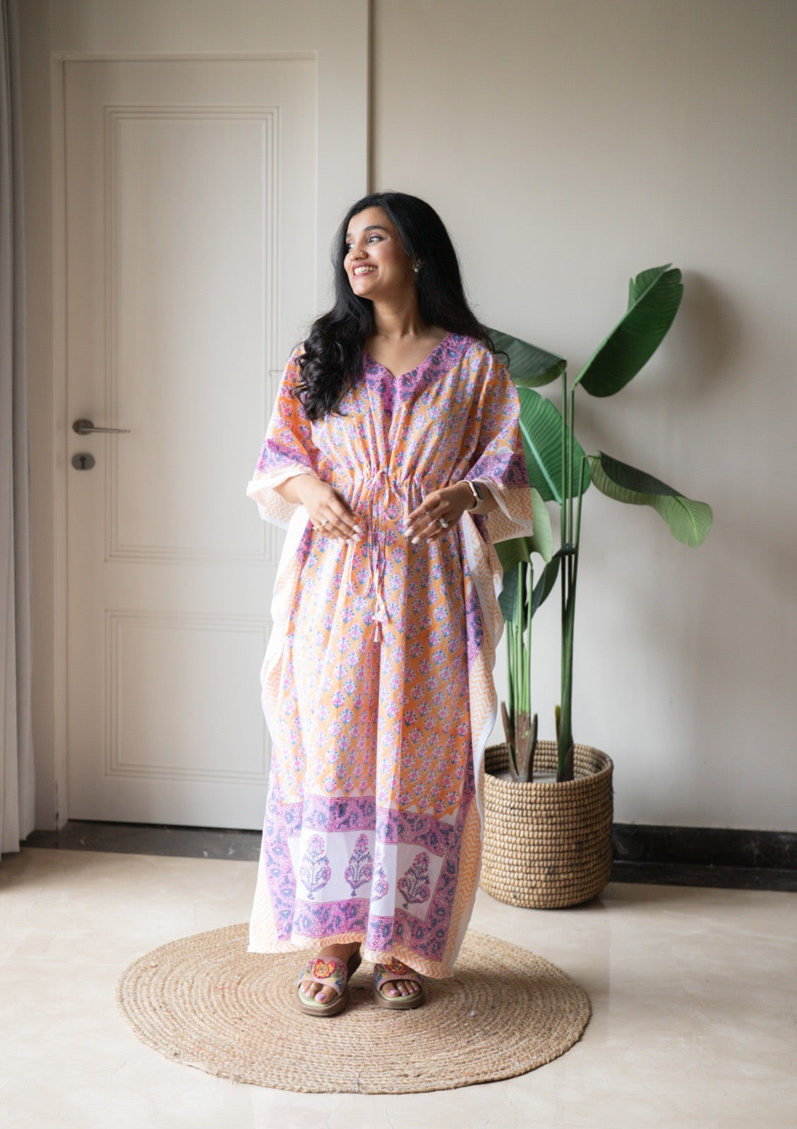 Kashi Block Print Kaftan- Peach Booti