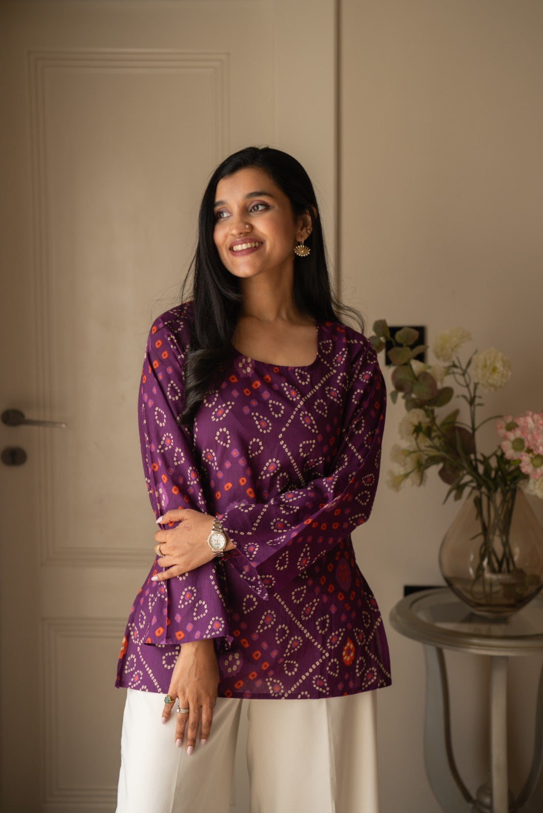 Griya Cotton Short Kurti- Purple Bandhej