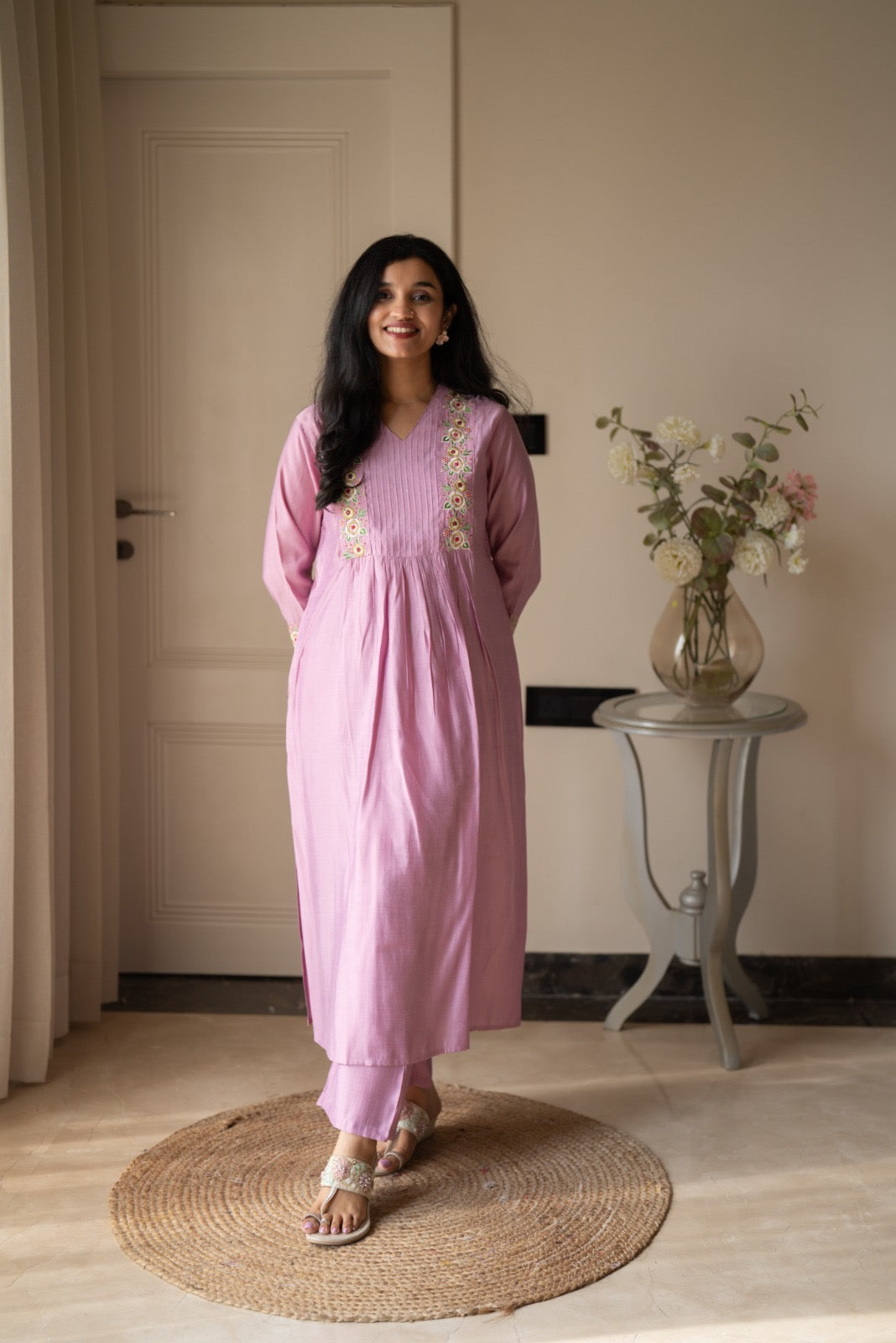 Amber Muslin Embroidered Pant Set- Pastel Pink