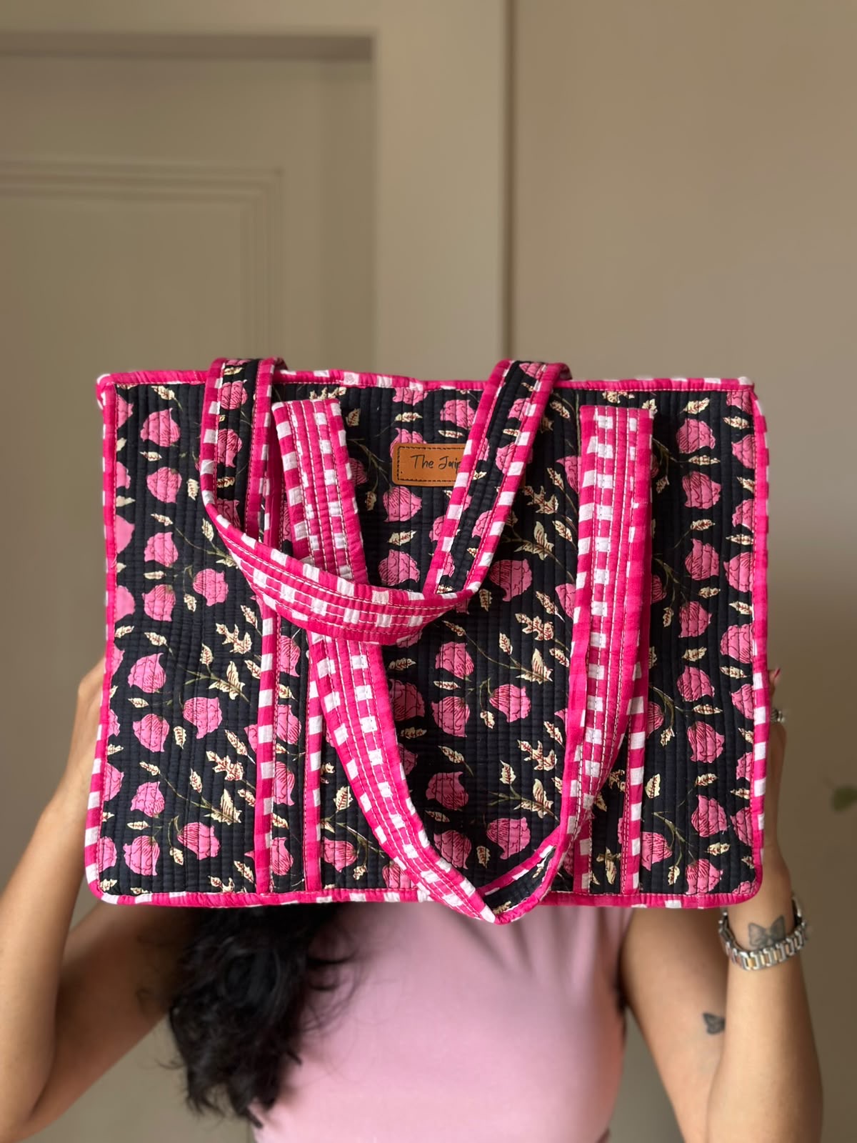 Quilted Tote Bag- Black Pink Florals