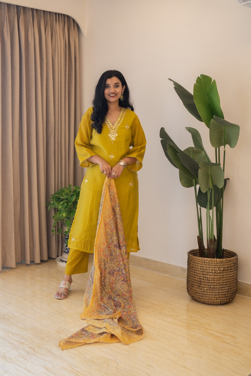 Samia Mul Chanderi Printed Dupatta Set-Mustard