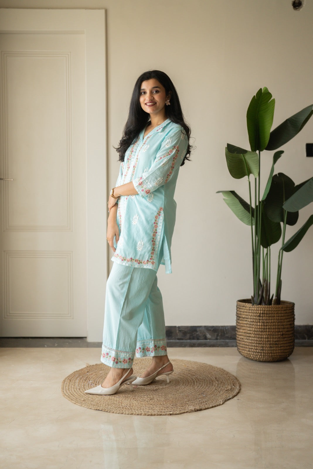 Preet Mulmul Luxe Coord Set- Sky Blue