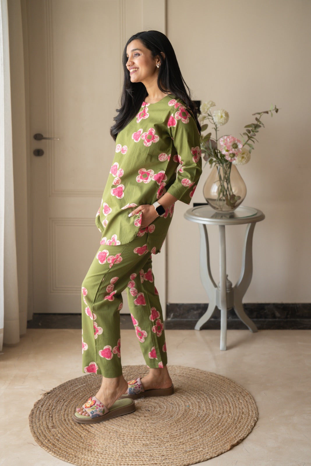 Rika Cotton Lounge Set- Green Florals