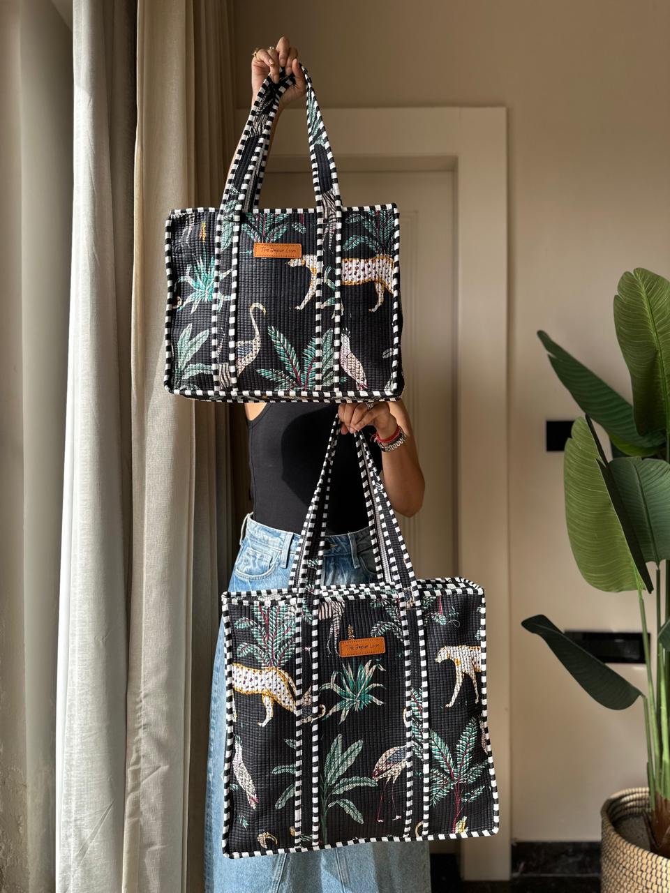 Quilted Tote Bag- Black Jungle