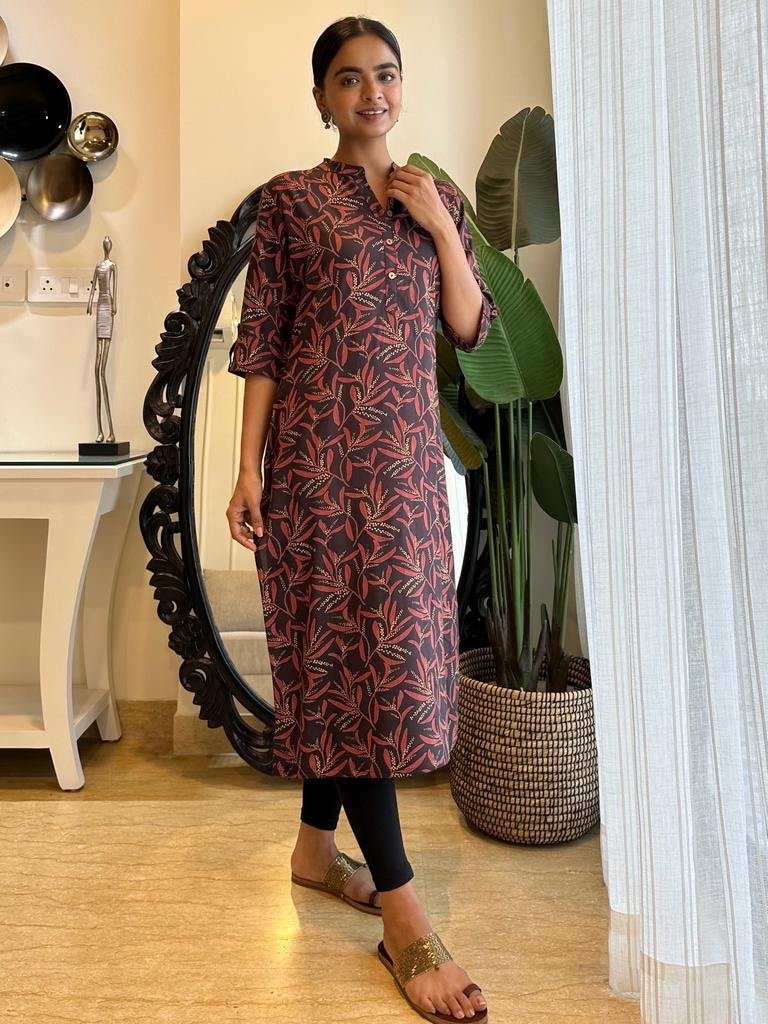 Weekend Rayon Kurta- Black Red Leaves