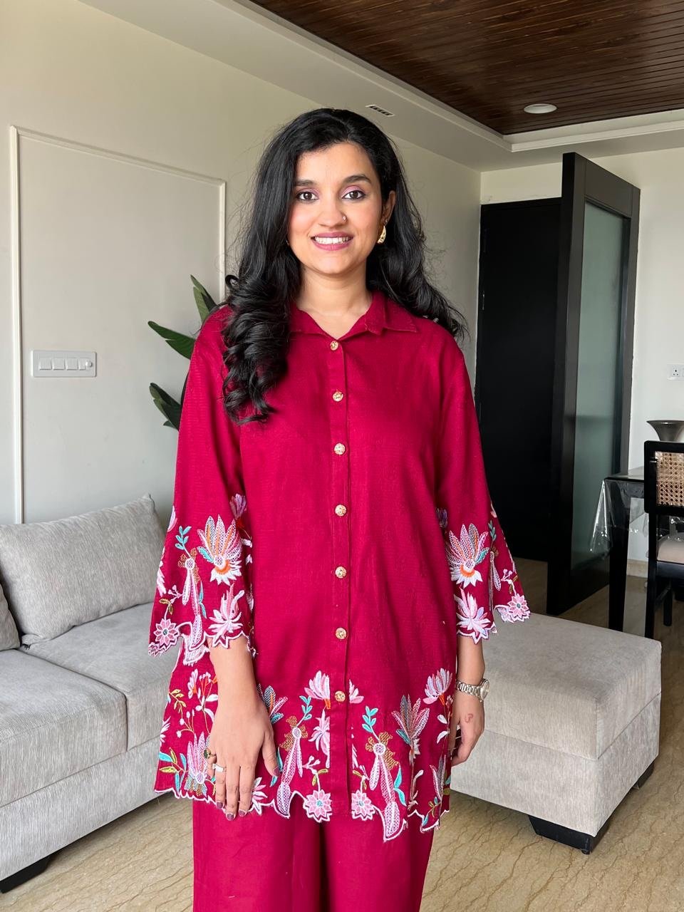 Vaari Cutwork Coord Set- Maroon
