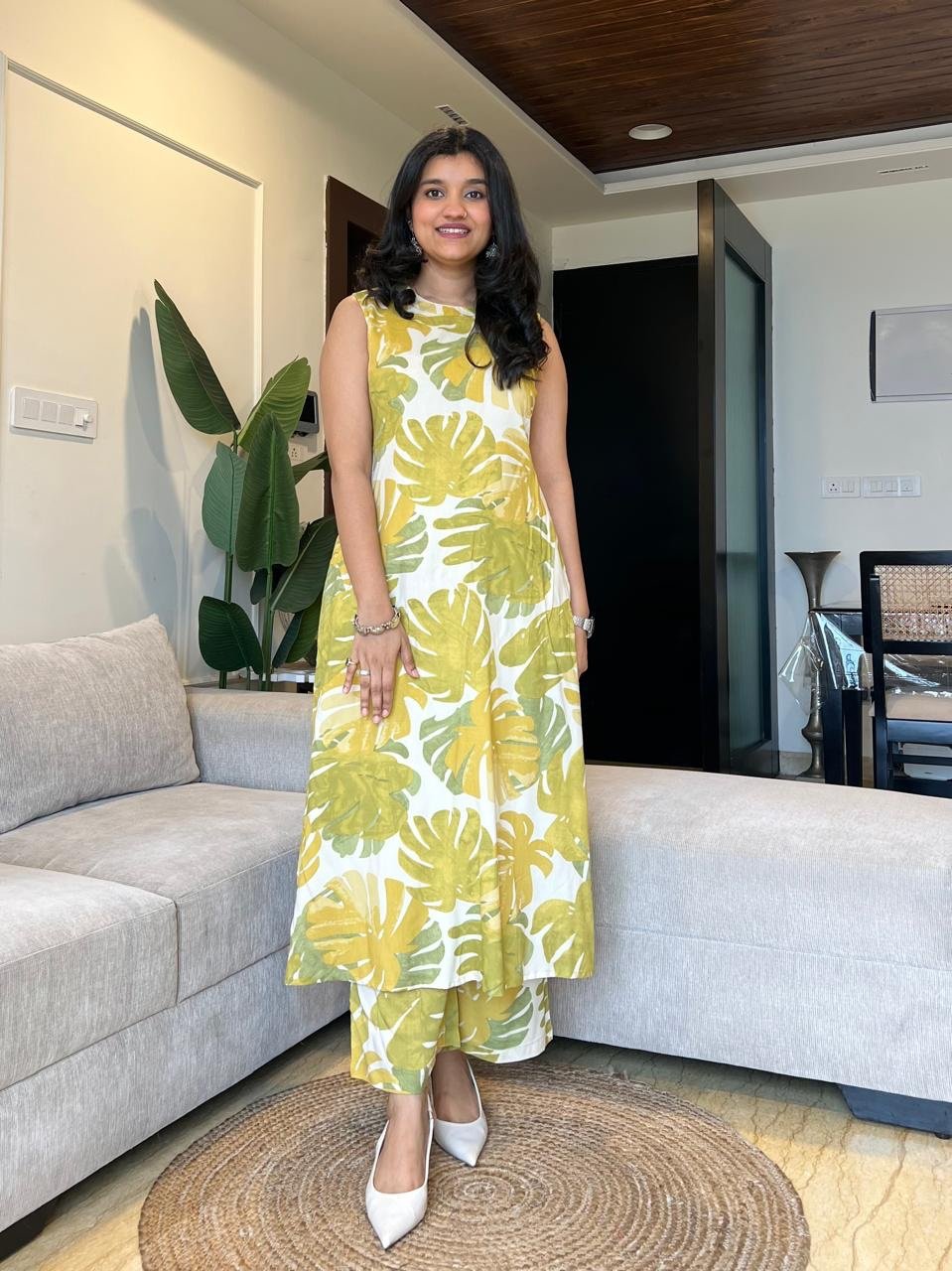 Jasmine Closed Neck Coord Set- Lime Green Tropicals