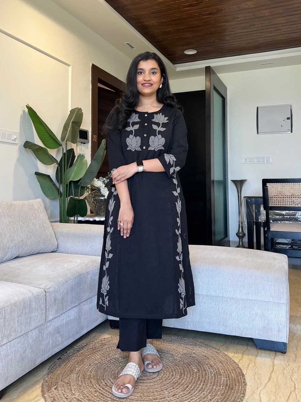Gul Embroidered Cotton Pant Set- Black