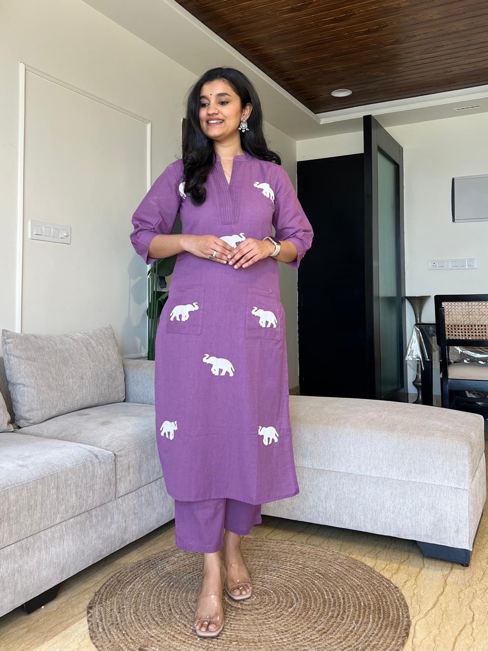 Tia Embroidered Cotton Pant Set- Purple